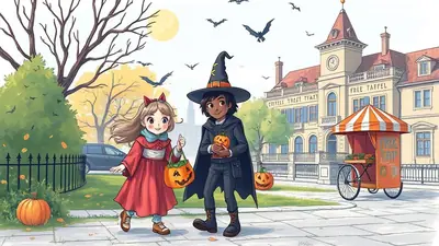 Two children in Halloween costumes walk down a sidewalk in front of a large building. The child on the left wears a red dress and cat ears, carrying a pumpkin-shaped treat bag. The child on the right wears a witch costume with a pointed hat and cape, holding a small pumpkin. Bats fly in the sky, and pumpkins are visible on the ground, creating a festive Halloween atmosphere.
