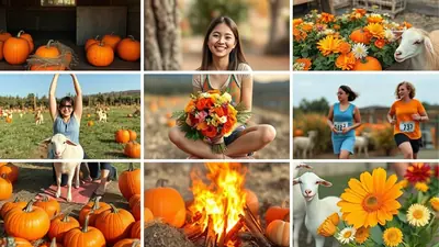 A collage of nine images related to autumn and Halloween. The images include pumpkins, a woman holding a bouquet, people running, a campfire, and sheep with flowers.