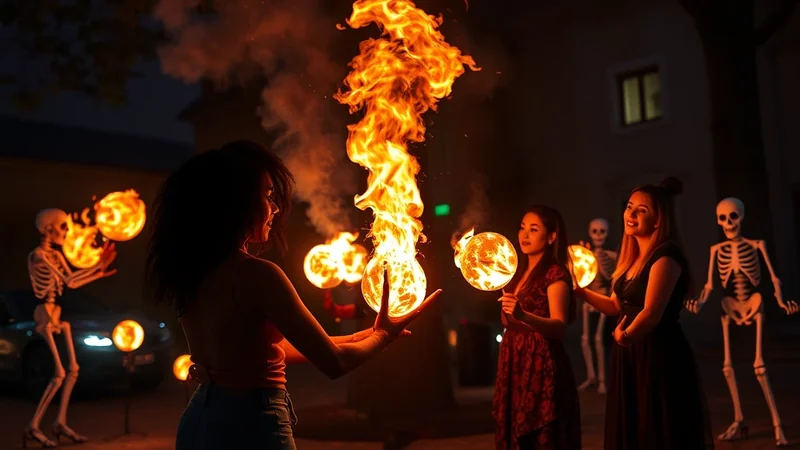 A group of women perform a fire dance at night, with skeletons and glowing orbs as props, creating a spooky Halloween atmosphere.