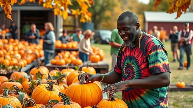 A Black man wearing a tie-dye shirt smiles while examining a pumpkin at an outdoor pumpkin patch. Many pumpkins are displayed on tables and the ground, with autumn leaves visible in the background.