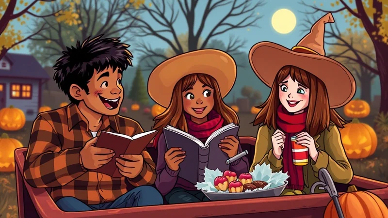 Three friends are sitting in a wagon filled with pumpkins and fall treats, enjoying a cozy autumn evening. The boy on the left is reading a book, the girl in the middle is also reading, and the girl on the right is holding a drink. The scene is set at dusk with a full moon and a house in the background.
