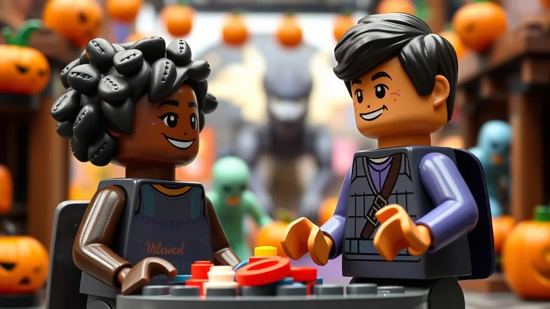 Two Lego figures, one with dark skin and curly hair wearing an apron, and another with light skin and dark hair wearing a vest, sit at a table with colorful Lego pieces between them. The background is decorated with pumpkins, suggesting a Halloween theme.