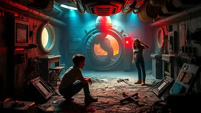 A young boy and a woman stand in a dimly lit, cluttered spaceship interior, looking towards a large circular portal where a strange, tentacled creature is visible against a fiery sunset.