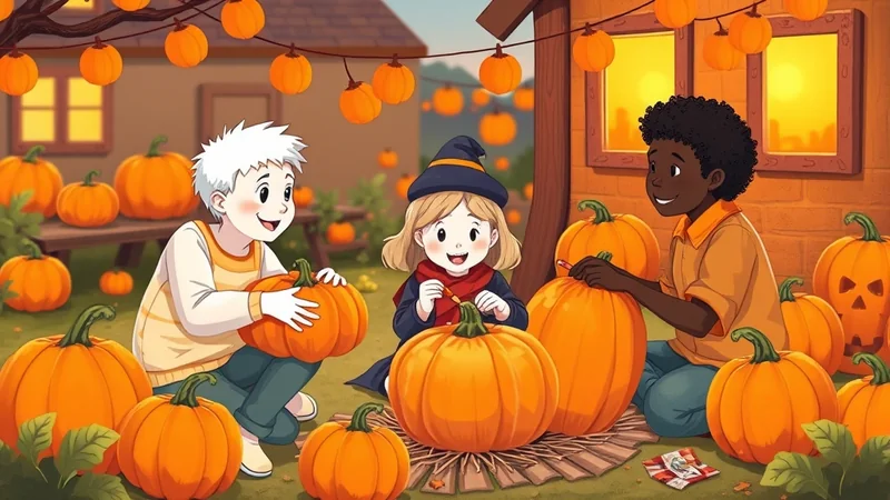 Three children are carving pumpkins outdoors at dusk, with strings of pumpkin lights overhead and many pumpkins scattered around them.