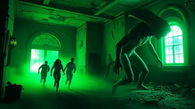 A terrifying creature with a long head and a humanoid body stalks three people running away from it in a dimly lit, green-hued room with large arched windows.