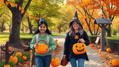 Two people in witch hats are walking down a path lined with pumpkins and fall foliage, holding jack-o'-lanterns and trick-or-treat bags.