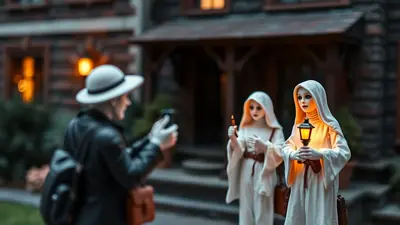 A person in a white hat and black jacket takes a photo of two figures in white robes holding a candle and a lantern in front of a dark, rustic building.