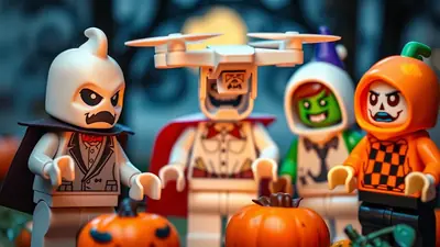 Four Lego minifigures dressed in Halloween costumes stand in front of pumpkins, with a drone hovering above one of them. The figures are a ghost, a skeleton, a zombie, and a pumpkin character, all with spooky expressions.