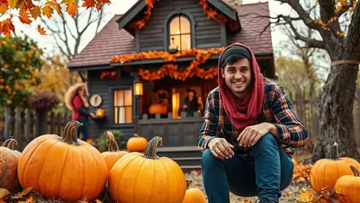 A smiling man in a plaid shirt and red scarf kneels in front of a dark, decorated house with pumpkins in the foreground, set against a backdrop of autumn foliage.