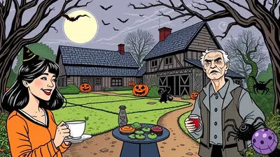 A woman in a witch hat and orange sweater smiles while holding a cup of tea, standing in front of a spooky house with pumpkins and a man holding a spider. The scene is set at night with a full moon and bats in the sky, evoking a Halloween atmosphere.