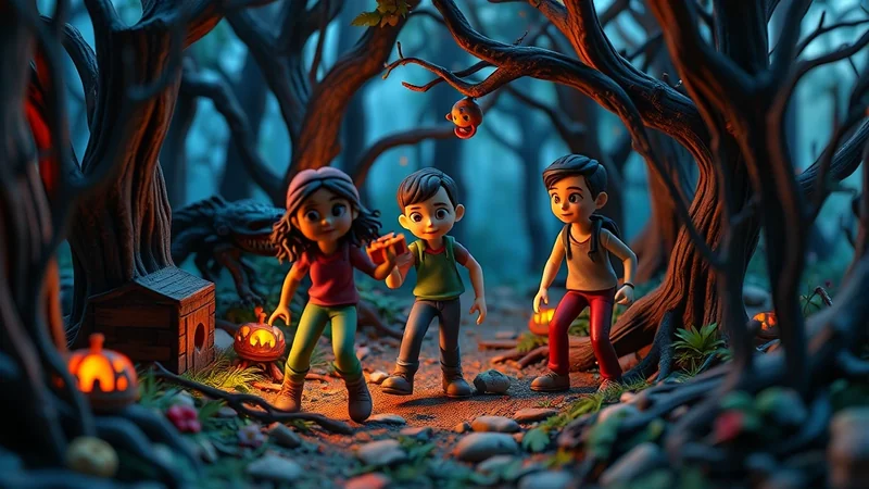 Three cartoon children in a spooky, dimly lit forest at night, with glowing jack-o'-lanterns and a shadowy creature in the background.