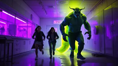 A muscular green monster with horns and a menacing grin chases two women down a brightly lit laboratory hallway with purple and green lighting.