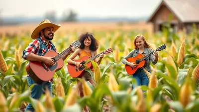 Three people, two women and one man wearing a cowboy hat, are playing acoustic guitars in a cornfield. The man is on the left, the women are in the middle and on the right. They are all smiling and appear to be enjoying themselves. A rustic barn is visible in the background.