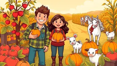 A cheerful cartoon illustration depicts a boy and a girl holding pumpkins in a farm setting during autumn. They are surrounded by apple trees, corn stalks, pumpkins, horses, and calves, evoking a festive harvest mood.