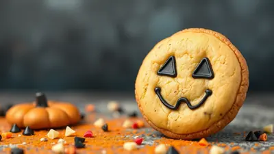 A close-up of a Halloween cookie decorated with a jack-o'-lantern face, with a blurred pumpkin and scattered candy sprinkles in the background.