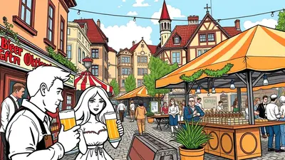 A lively outdoor market scene with people enjoying drinks and browsing stalls under colorful awnings. A couple in the foreground holds large glasses of beer, smiling at each other, while other patrons mill about the cobblestone street lined with traditional European-style buildings.