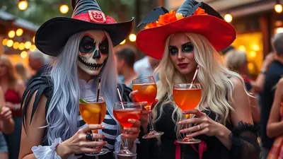 Two women in Halloween costumes, one with skeleton face paint and the other with dramatic makeup, hold up cocktails at a party.