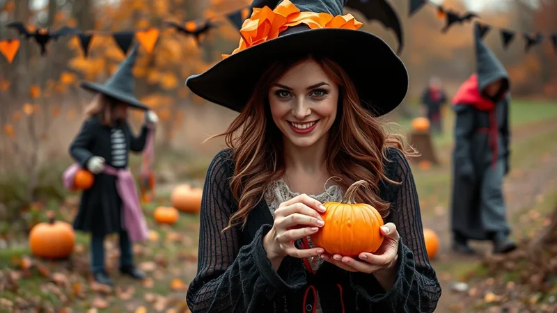 A smiling woman in a witch costume holds a small pumpkin, with other figures in costumes and pumpkins visible in a festive, autumnal outdoor setting.