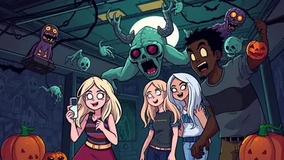 A group of people in Halloween costumes, including a bald figure, a person with dreadlocks and a skeleton mask, and two women with pale makeup and white hair, are gathered in a dimly lit, spooky setting with red lighting.