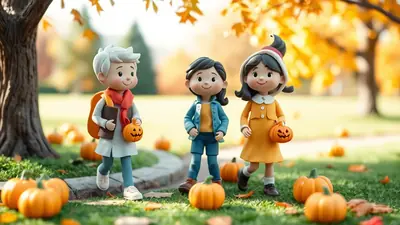 Three cartoon children dressed for Halloween stand in a park with autumn leaves and pumpkins scattered on the ground. The child on the left wears a gray coat and red scarf, holding a pumpkin bucket. The middle child wears a blue jacket and jeans. The child on the right wears a yellow dress and a witch hat, also holding a pumpkin bucket.