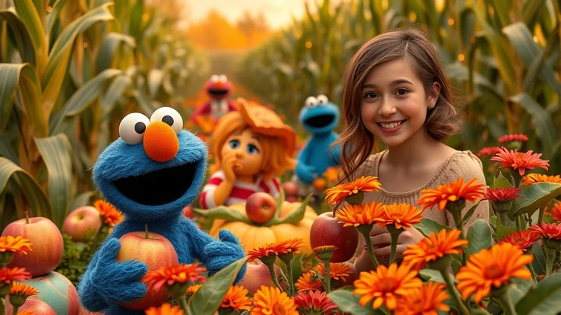A young girl smiles in a field of orange flowers, surrounded by Sesame Street characters like Cookie Monster and Elmo, with a cornfield in the background.