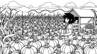 A young person with black hair stands in a pumpkin patch, holding a gift. They are smiling and looking towards the viewer, with a small barn and more pumpkins in the background under a cloudy sky.