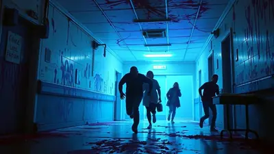 Four people are running down a dark, blood-splattered hallway in what appears to be a hospital or asylum. The walls and ceiling are covered in red splatters, and the floor is also stained. The people are silhouetted against the dim blue lighting, with one person in front looking back with a terrified expression. A sign that reads "MERITY" is visible in the distance.
