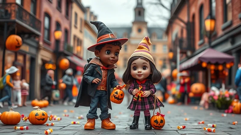 Two cartoon children dressed as witches stand on a cobblestone street decorated for Halloween, holding jack-o'-lanterns and candy bags.