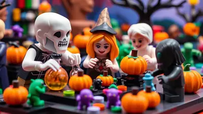 A group of Halloween-themed toy figures, including a skeleton, a witch, and a ghost, are gathered around pumpkins and potion bottles, creating a festive and slightly spooky scene.