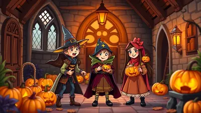 Three children in Halloween costumes stand in front of a stone building adorned with pumpkins and lanterns, holding jack-o'-lanterns.