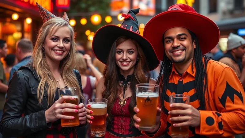 Three friends in Halloween costumes, two women dressed as witches and a man in a pumpkin-themed shirt, smile and hold up glasses of beer at an outdoor gathering.