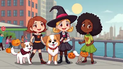 Three young girls dressed in Halloween costumes, two with dogs, stand on a city sidewalk with pumpkins and a cityscape in the background.