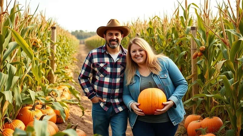 A smiling couple stands in a cornfield with pumpkins at their feet. The man wears a cowboy hat and plaid shirt, while the woman holds a large pumpkin.