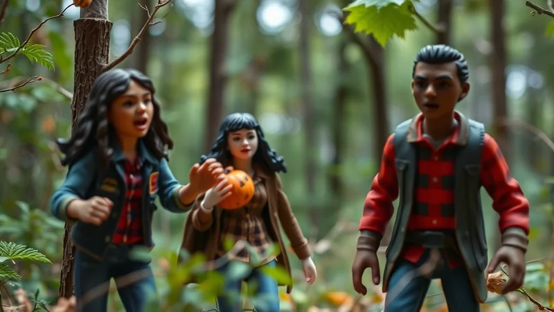 Three children dressed in fall-themed clothing stand in a forest setting. The child on the left wears a denim jacket over a red and black plaid shirt and jeans. The child in the middle holds a small pumpkin and wears a plaid shirt and brown jacket. The child on the right wears a red and black plaid shirt and a vest.