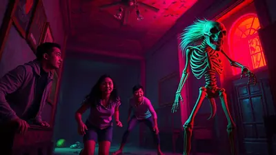 A group of people are startled by a large, glowing skeleton in a dimly lit, spooky room with red and purple lighting.