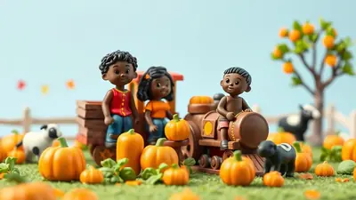 Three cartoon children of color are standing on a toy train with pumpkins and sheep around them, with an orange tree in the background.