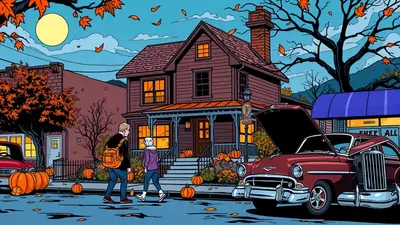 A couple walks down a street lined with houses decorated for Halloween, with pumpkins and fallen leaves scattered around. A vintage car with its hood open is parked on the side of the road.