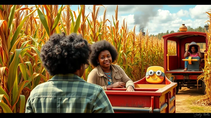 Two young Black children with afro hairstyles are in a red wagon decorated with a cartoon face, surrounded by a cornfield. Another child in a hat is in the driver's seat of a red train car behind them, with smoke billowing in the background.