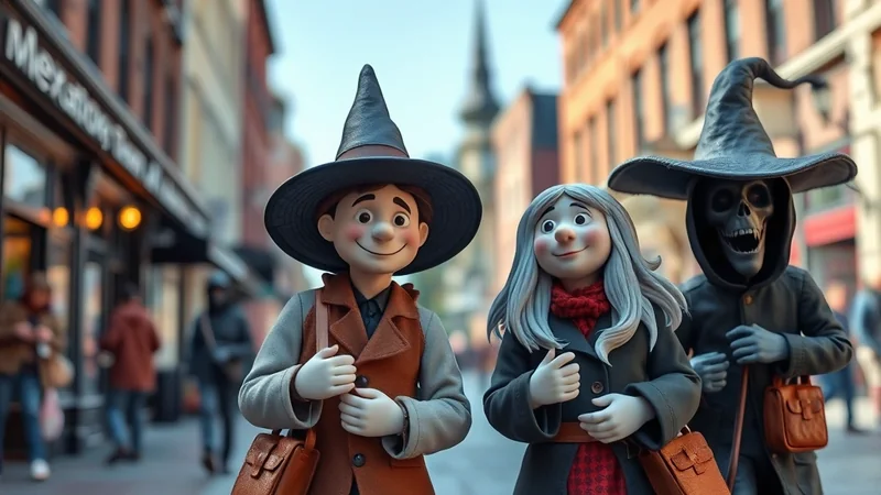Three cartoon characters in Halloween costumes walk down a street. The two in front are a boy and a girl wearing witch hats, and the one behind them is a skeleton figure also wearing a witch hat.