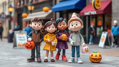 Four cartoon children dressed for Halloween stand on a sidewalk, holding pumpkins and trick-or-treat bags. The background shows a street decorated for the holiday with pumpkins and storefronts.
