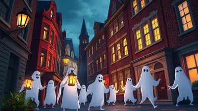 A group of friendly cartoon ghosts walk down a cobblestone street lined with old brick buildings at dusk, some carrying lanterns, creating a whimsical Halloween scene.