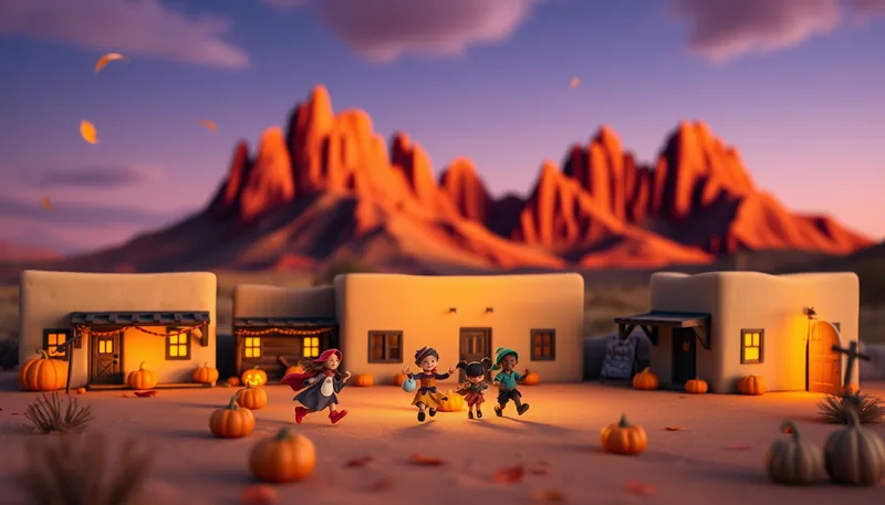 Albuquerque Halloween - spooky scene with haunted house, jack-o-lanterns, ghosts, witches, and trick-or-treaters