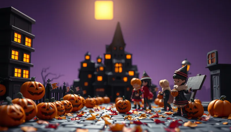 Baltimore Halloween - spooky scene with haunted house, jack-o-lanterns, ghosts, witches, and trick-or-treaters