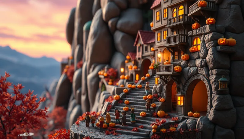 Bristol Halloween - spooky scene with haunted house, jack-o-lanterns, ghosts, witches, and trick-or-treaters
