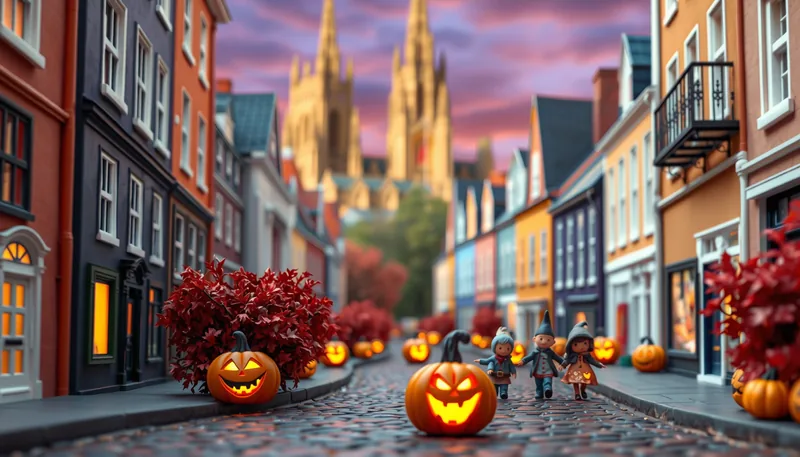Dublin Halloween - spooky scene with haunted house, jack-o-lanterns, ghosts, witches, and trick-or-treaters