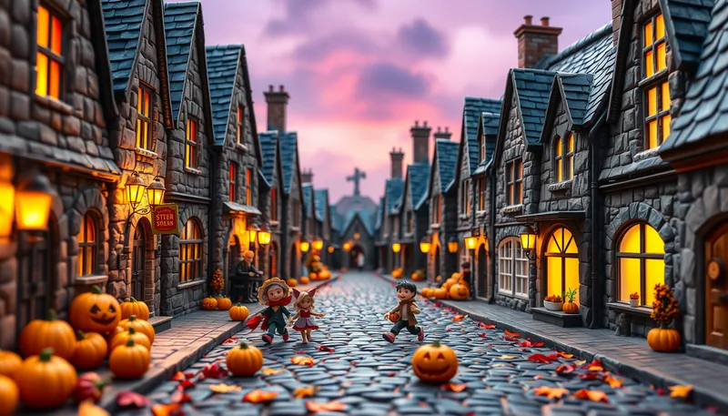 Edinburgh Halloween - spooky scene with haunted house, jack-o-lanterns, ghosts, witches, and trick-or-treaters
