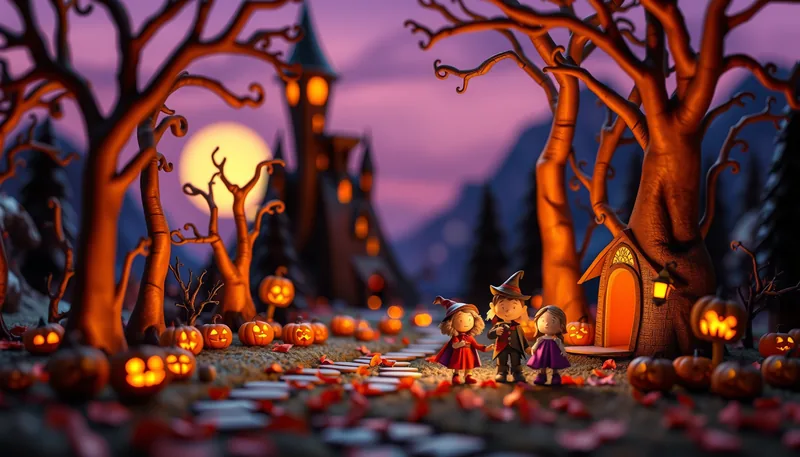 Edmonton Halloween - spooky scene with haunted house, jack-o-lanterns, ghosts, witches, and trick-or-treaters