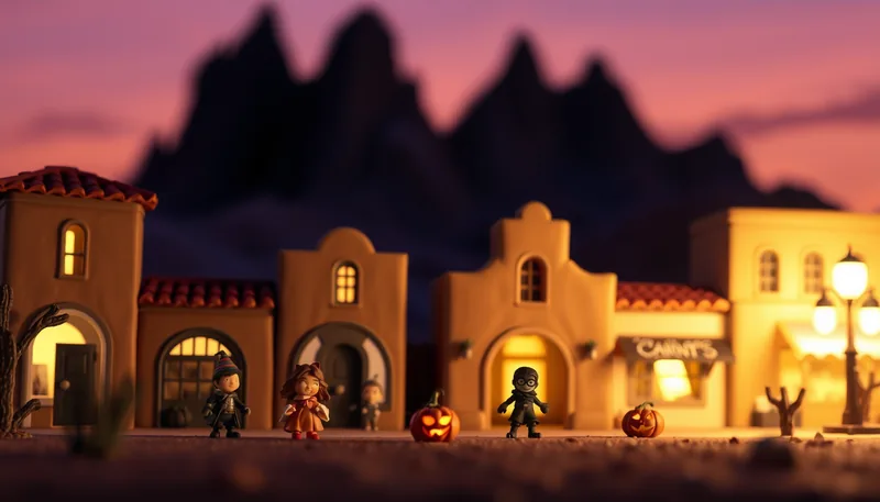 El Paso Halloween - spooky scene with haunted house, jack-o-lanterns, ghosts, witches, and trick-or-treaters