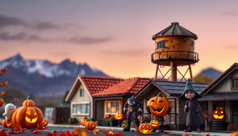 Fresno Halloween - spooky scene with haunted house, jack-o-lanterns, ghosts, witches, and trick-or-treaters