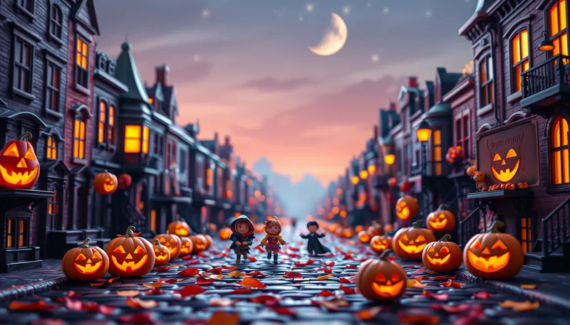 Glasgow Halloween - spooky scene with haunted house, jack-o-lanterns, ghosts, witches, and trick-or-treaters